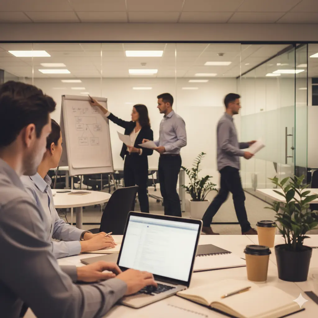 Office meeting with laptop, chart, and presentation